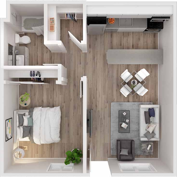 Floor plan for 1 bed, 1 bath, 610 sqft